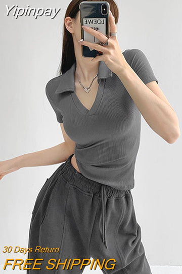 Yipinpay New Cropped Polo Shirts Women Summer Short Sleeve V-neck Y2k Tops Casual Fitting T-shirt Woman